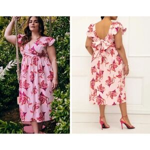 Eloquii Elements Floral Midi Dress Size 20 Pink Ruffle Sleeve Tie Back‎ Boho